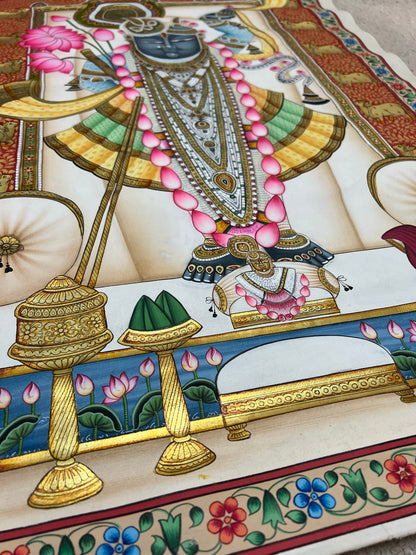 Close-up of Shreenathji Pichwai artwork showing gold leaf detailing and intricate brushwork