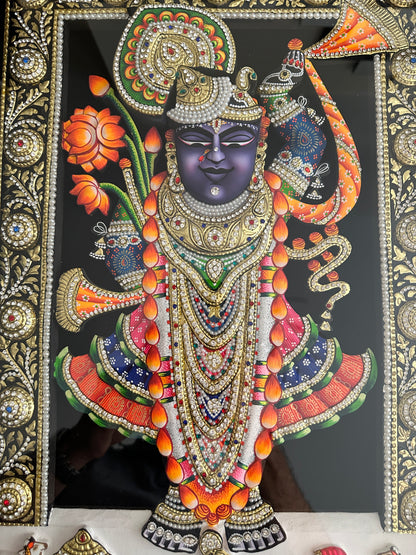Close-up of Rajbhog Shreenathji artwork with Swarovski crystal embellishments