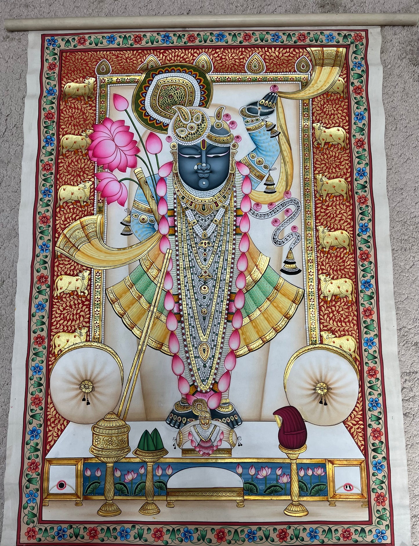 Handpainted Shreenathji Rajbhog Pichwai artwork with 24kt gold leaf on cotton canvas