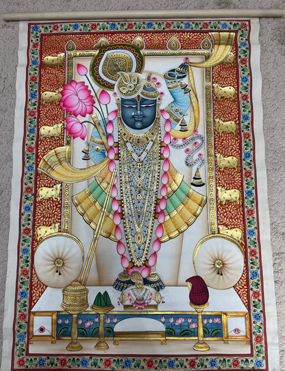 Handpainted Shreenathji Rajbhog Pichwai artwork with 24kt gold leaf on cotton canvas