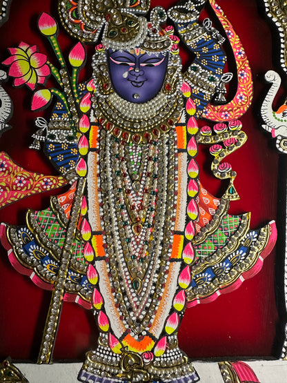 Shreenathji wooden artwork displayed as elegant spiritual wall décor