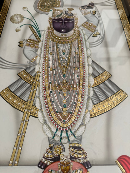 Elegant Shreenathji white artwork framed devotional wall art for home décor