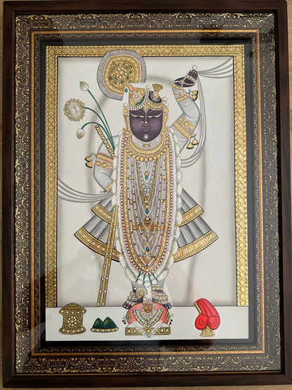 Shreenathji white shringar handpainted artwork with gold kundan detailing and Swarovski crystals