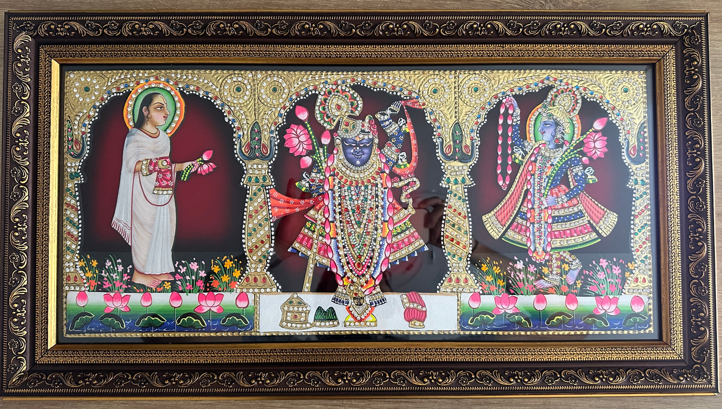 Shreenathji Yamunaji Mahaprabhuji handpainted artwork with gold leaf and Swarovski crystals