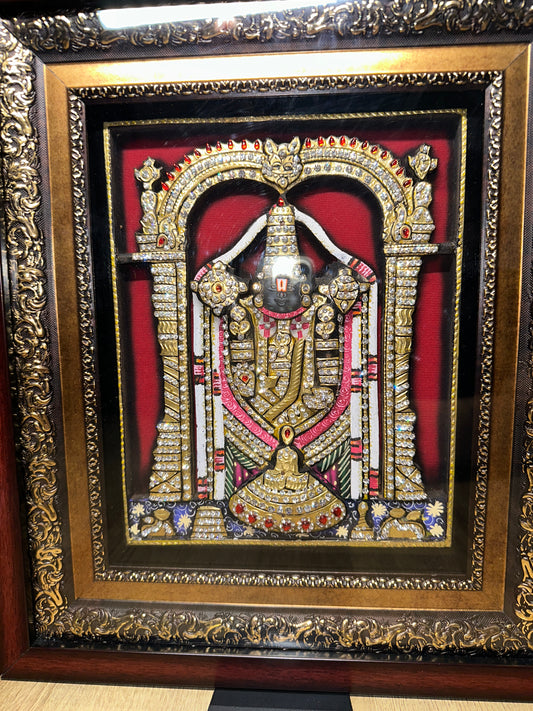 Close-up of Tirupati Balaji 3D artwork showing Swarovski crystal detailing and handpainted finish